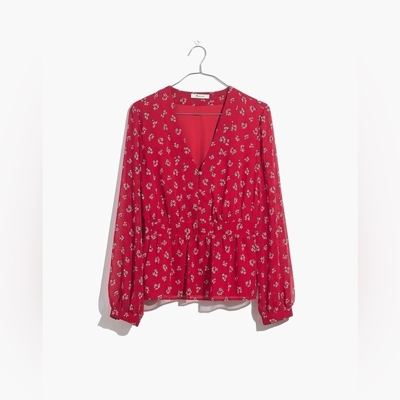 Madewell | V-Neck Peplum Top in Little Lilies Boho XS Floral Cherry Red Prairie - Picture 3 of 10